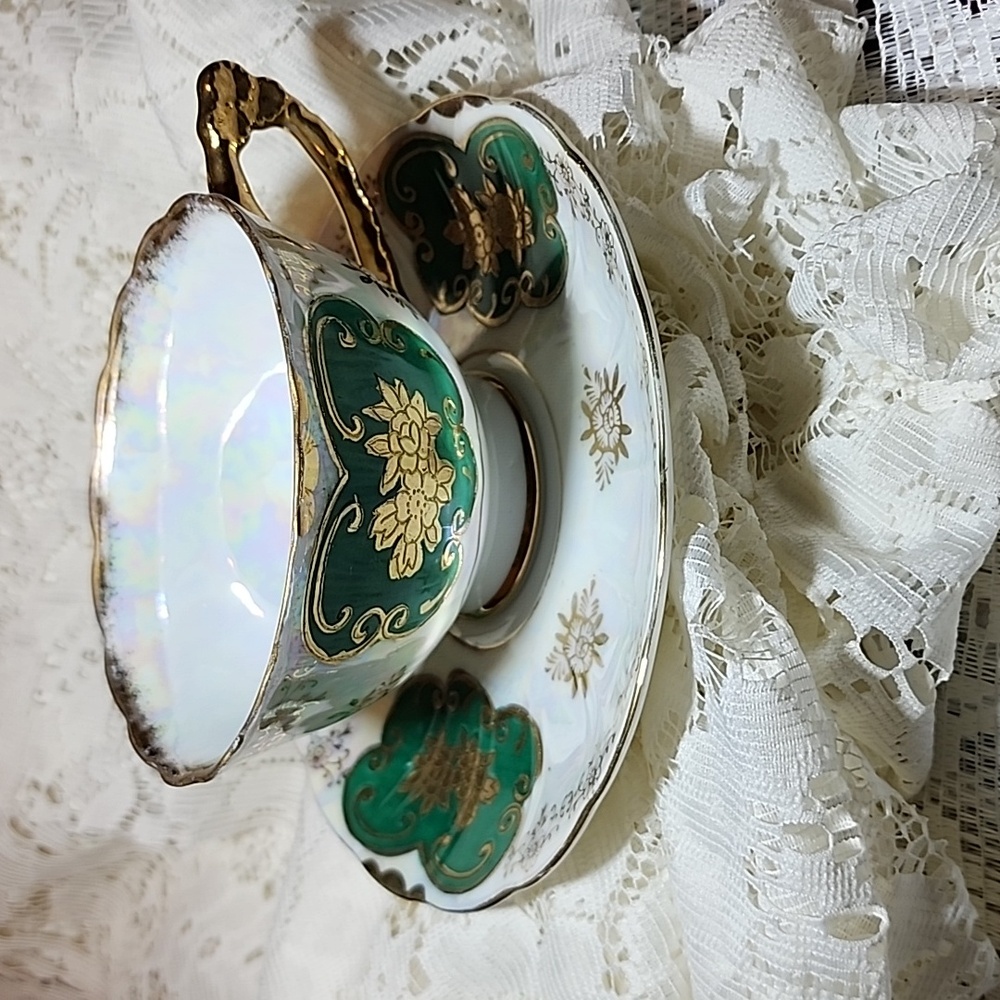 Elegant Green and Gold Teacup Set, No Markings,